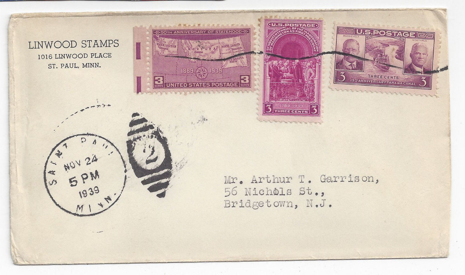 Saint Paul MN Commercial Cover 1939 Duplex Linwood Stamps sc 854 856 858 - $4.99
