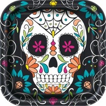 Skull Day of the Dead 8 Ct 9&quot; Square Luncheon Plates Halloween - £3.90 GBP