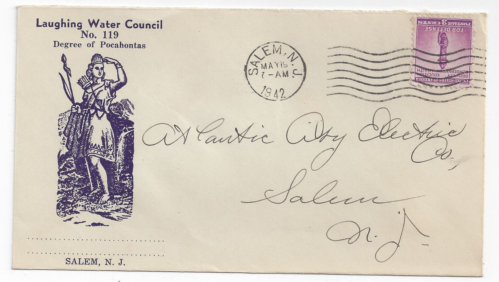 1942 Fraternal Org Cover Laughing Water Council Cachet Pocohontas Salem NJ - £8.07 GBP