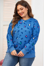 Sky Blue Leopard Ribbed Edge Drop Shoulder Pullover Sweatshirt - $18.08