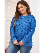 Sky Blue Leopard Ribbed Edge Drop Shoulder Pullover Sweatshirt - $18.08