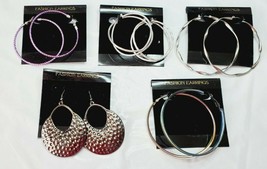 Fashion Earrings Hoops 5 Pair Large Silver Black Metallic  Purple New #14 - £18.34 GBP