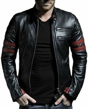 New Men&#39;s Black Red Striped Leather Jacket 100% Genuine Leather Motorcyc... - £101.20 GBP