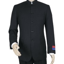 Men Apollo King Banded Collarless suit Mandarin 5 Button Wide leg M5-1 Black image 2