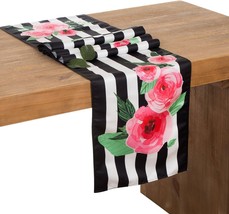 Ling&#39;s Moment 12 x 72 Inch Floral Black and White Striped Table Runner - £19.23 GBP