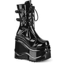 DEMONIA WAVE-150 Women&#39;s Black Patent 6&quot; Wedge Platform Bat Buckles Calf Boots - £85.49 GBP