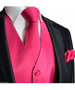 Fuchsia Pink Tuxedo Suit Vest Waistcoat and Neck tie Hanky Set Prom Wedd... - £17.35 GBP+