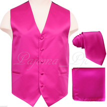 Fuchsia Pink 10-C Tuxedo Suit Vest Waistcoat and Neck tie Hanky Set Prom... - £17.65 GBP+