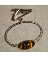 Vintage tie clasp 1/2 inch amber stone on silver colored oval ring  - £7.90 GBP