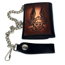 Vintage Biker Trifold Wallet with Chain Black &amp; Brown Tooled Leather Skull Wings - £28.77 GBP