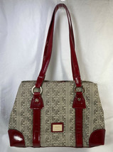 Liz Claiborne logo handbag - purse with taupe front and red trim - $17.00