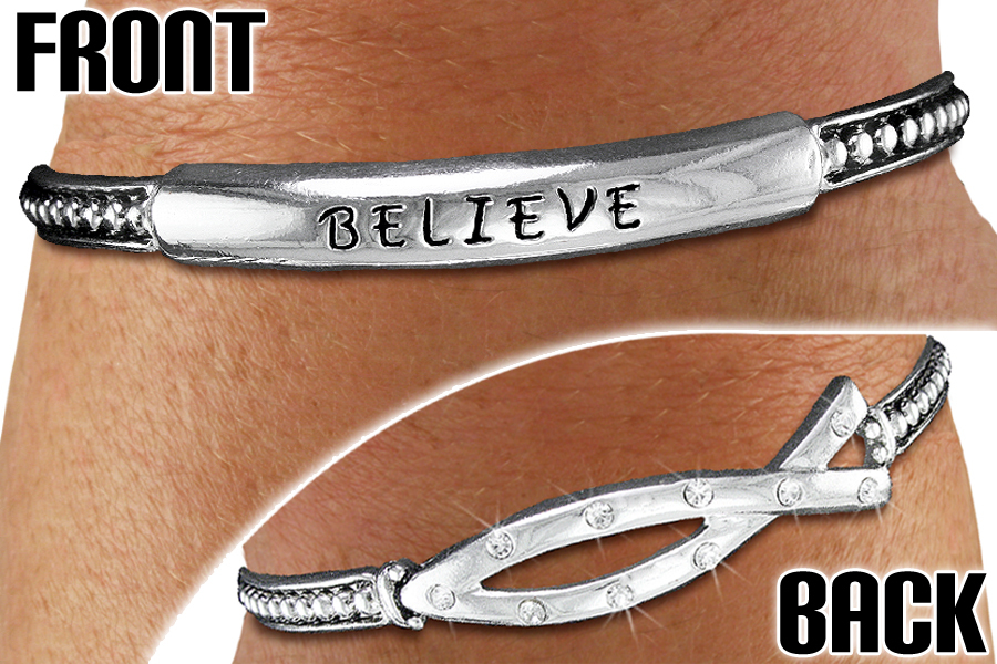 Silver Stretch Bracelet With "BELIEVE" Austrian Crystals Christian Fish - $22.99