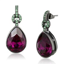 Gunmetal Black Plated Stainless Steel Purple Crystal Dangle Earrings TK316 - $19.00