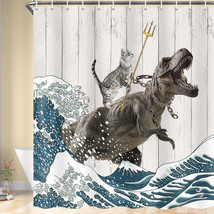 Boziqr Funny Cat Shower Curtain, Cool Cat Dinosaur Japanese Ocean Wave Decor Fab - £19.12 GBP