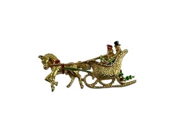 Vintage Gerrys Gold Tone Christmas Sleigh Brooch Pin Horse Holiday Ename... - $18.81