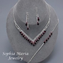 Purple crystal rhinestone 3 pc evening formal necklace set bridesmaids prom - £14.98 GBP