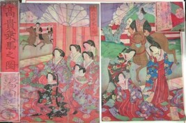 Japanese Paintings 14&quot;x9.25&quot; Noble Horseman &amp; Women fiber paper / cloth Antique - £82.72 GBP