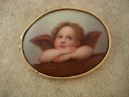 Antique 14kt GOLD 1880s Brooch Raphael Angel Cupid cherub handpainted on porcela - £1,152.62 GBP