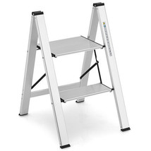 Folding Aluminum 2-Step Ladder with Non-Slip Pedal and Footpads-Silver - Color: - £73.72 GBP