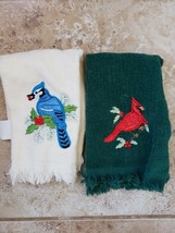 2 Christmas Holiday Red Dish Towels Christmas Birds: Blue Jay, Red Cardinal - $12.86