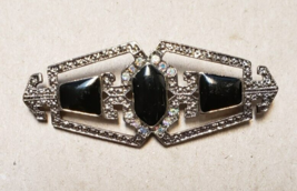 Art Deco Style Marcasite Onyx Aurora Borealis Crystal Brooch - £31.15 GBP