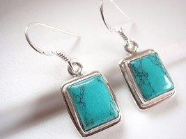 Turquoise Simple Rectangle Earrings 925 Sterling Silver Dangle Drop New - £12.89 GBP