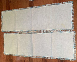 Vintage Blue Crocheted edge linen table runner 12&quot;x36&quot; set of 2 - £17.87 GBP