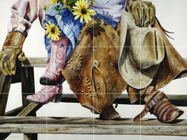 cowboy cowgirl western hats boots ceramic tile mural backsplash - £46.69 GBP+