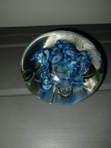 Blown Glass Controlled Bubble Blue Flower Millefiori Paperweight Vintage - £23.62 GBP