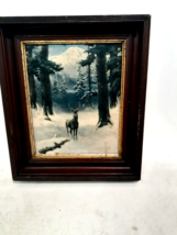 Antique Lithograph of a Stag in Winter, 1920s, Frame is &#39;Deep&#39; Walnut 1890s - £26.99 GBP