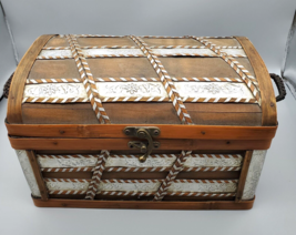 Vintage Treasure Chest Wooden Tin Decor Brass Lock Wire Wrapped Handles Hinged - £15.91 GBP
