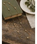 Vintage Gold Tone Station Necklace Faux Pearl Beaded Chain 52 Inch Long - $22.50