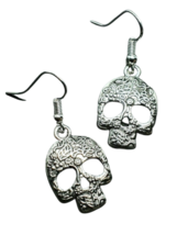 Skull Earrings Day Of the Dead Sugar Skull Flower Drop Dangle Mori Jewellery - $4.82