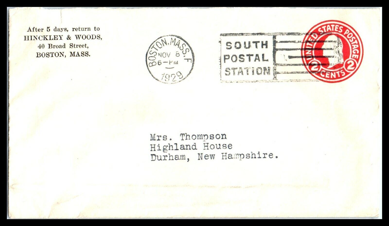 Primary image for 1929 MASSACHUSETTS Cover - Boston (South Postal Sta) to Durham, NH C7