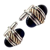 Authentic! David Yurman DY Silver 14k Yellow Gold Onyx Double Oval Cuffl... - $400.00