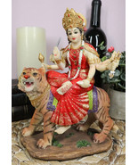 Hindu Goddess Durga Wearing Red Sari Riding On Tiger Figurine 8.5&quot; Tall ... - $1,030.80 MXN