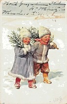 YOUNG BOY &amp; GIRL CARRY SMALL TREES THROUGH SNOW-ARTIST FEIERTAG 1911 POS... - £7.31 GBP