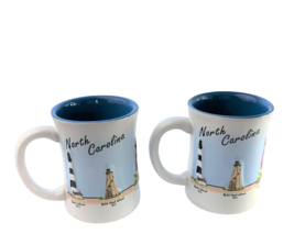 2 NORTH CAROLINA 7 LIGHTHOUSES Coffee Cup Mug  4.25&quot; H White &amp; Med Blue - £35.93 GBP