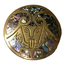 Vintage Brass Abalone Inlaid Pendant Brooch Pin Depicting Tonatiuh Aztec... - £28.65 GBP