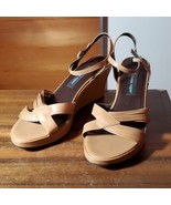 Etienne Aigner Size 9.5 Vintage Leather Wedge Tan Strappy Sandal Felicit... - $47.04