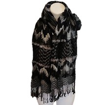 Black White Scarf Wrap Layers by Lizden Fringe Smocked Textured Lightwt 15x72 - £14.93 GBP