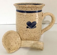 Country Elm Pottery Mug &amp; Spoon Set Beige w/ Blue Trim 4.5&quot;H 3.5&quot;W 10 oz... - £6.34 GBP