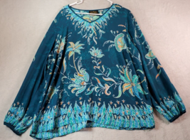 Bob Mackie Blouse Top Womens XL Teal Floral 100% Polyester Long Sleeve V Neck - £23.70 GBP