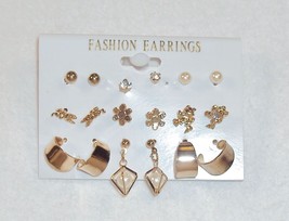 Pierced Earrings ~ 9 Assorted Pairs Gold Tone w/Post/Stud Push Back Closures - £15.59 GBP