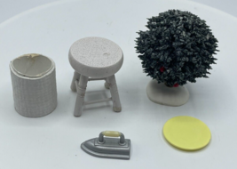 Dollhouse Miniature Umbrella Stand, White Stool, Iron, Bush and Plate Lot - £6.16 GBP