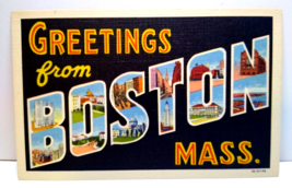 Greetings From Boston Massachusetts Large Big Letter Linen Postcard Curt... - $12.83