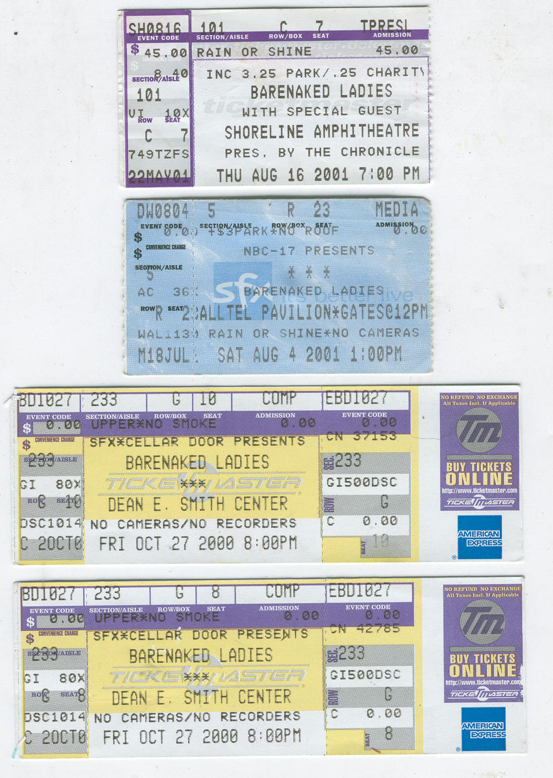 BARENAKED LADIES 4 TICKET STUBS 2000-01 CALIFORNIA SHORELINE ALLTEL N. C... - $14.50