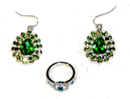 Silver Tone Emerald Rhinestones Ring Size 8 &amp; Rhiinestones Dangle Earrings - £15.65 GBP