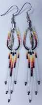 Native American Beaded Earrings 3.5&quot; Dangle Hoop Glass Horseshoe White S... - $39.99
