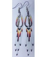 Native American Beaded Earrings 3.5&quot; Dangle Hoop Glass Horseshoe White S... - $54.84 CAD